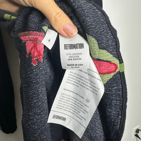 REFORMATION Long-Sleeve Mini Tie-Neck Dress Black floral viscose womens 4 - Picture 6 of 6